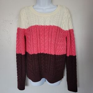 Loft NWT Women's Medium Pullover Sweater 50% Wool Ivory Bright Pink Plum Knit